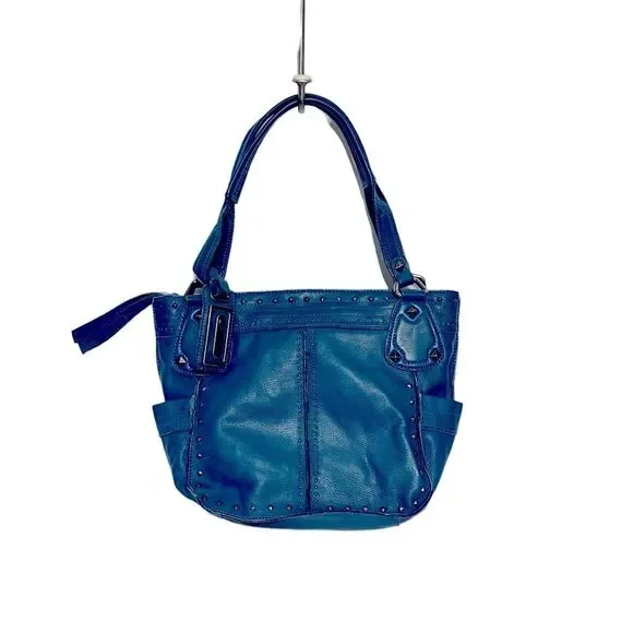 B Makowsky Teal Blue Leather Shoulder Bag w/ Studs + Leopard - Picture 6 of 10